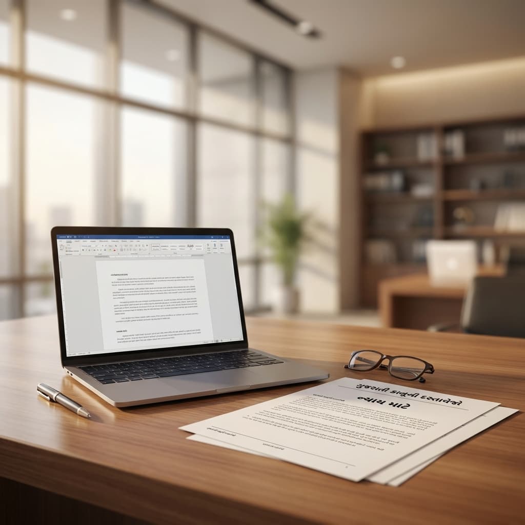 Modern legal desk with Gujarati documents